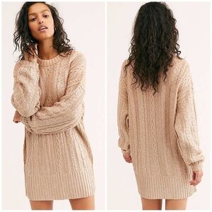 Free People Good As Gold Cable Knit Sweater Dress Oversized Coated Slouchy Large